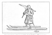  Šved Scheffer je upodobil laponskega lovca na smučeh, s krajšo andor in daljšo langski (1678). 