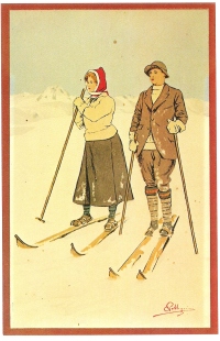  Švicar Carlo Pellegrini je po 1900 upodobil številne smučarje. Ženska je še vedno v krilu, moški v hlačah je hlače na golenih prevezal z ovojkami, da se je sneg manj oprijemal hlač (okoli 1905 do 1910).