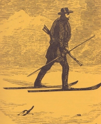  Verjetno upodobljen Snowshoe Thompson, ko ni nosil pošte, pač pa odšel s smučmi na lov (okoli 1860).
