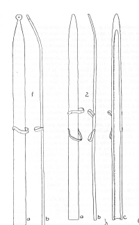  Levo (1a in 1b):  pohorska ljudska smučka z bučko na koncu krivine. Desno (2a , 2b, 2c): pohorska ljudska smučka s širokim žlebom na drsni ploskvi.