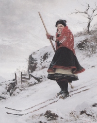  Norvežan Carl Sundt-Hansen (1841-1907) je upodobil domačo smučarko iz Setesdala na Norveškem (okoli 1890).