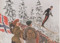 Norvežan Andreas Bloch je v olju prikazal tekme v skokih na Holmenollenski stari skakalnici, kjer je bila prva tekma leta 1892.