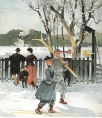 Norvežan Olaf Krohn na platnu 41 x 60 cm v olju predstavlja svoje poglede na prostočasne zimske aktivnosti meščanov.