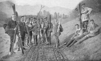 Slovenska turno smučarska druščina na poti s Križke planine (tednik SPORT leta 1920).