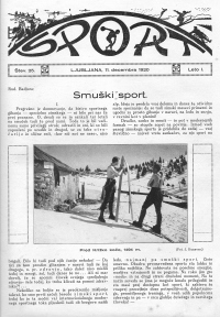 Tednik SPORT je izhajal od leta 1920 do leta 1922. Naslovnica s prikazom turnih smučarjev pred Križko kočo, 1994 m (foto Jože Kunaver, SPORT 11. decembra 1920).