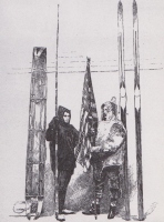 Ameriški poročnik Robert Peary pred odhodom na Severni tečaj, ki ga je s spremljevalci dosegel 6. aprila 1906. (Polarni muzej, Tromsø, Norveška). Na skici je vlečni čoln, na katerem so krajše smuči. Dvomim, da so s seboj vzeli dolge težke smuči (na desni), dolge okoli 3,5 m, ki so jih kalifornijski rudarji uporabljali za hitrostne tekme v skupinskih spustih v skupinah po okoli šest tekmovalcev po letu 1863.