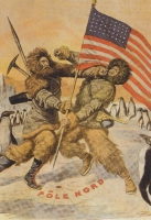 Karikatura borbe med Robertom Pearyem in ameriškim sonarodnjakom Fredericom Cookom. Peary je očital Cooku prevaro in laž, da je dosegel Severni tečaj pred njim, leta 1905. Boks je sodil pingvin v lepem črnem fraku.