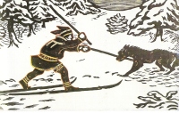  Bločani so pobili še nekaj volkov, ko je padel njihov vodnik (laponski lovec pobija volka, Karin Berg: Ski i Norge, 1993).