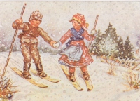  Uroš in  Vlasta sta rada v parčku smučala že od rane mladosti (razglednica Maksim Gaspari pred 2. svetovno vojno, bloška otroka na smučeh). 