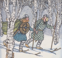  Švedski vojaki so se zapodili za bloškimi smučarji, ki so rešili Marjeto iz ujetništva (Lise Lunge-Larsen in Mary Azarian: The The Race of the Birkebeiners, 2001, Birkebeinerski vojščaki so ščitili leta 1206 malega norveškega princa Haakona Haakansona, iz norveške sage).