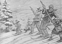  Bloški smučarji so bili vešči strmih spustov na smučeh, zato so ušli švedskim zasledovalcem, ki niso znali vijugati po vesinah in so padali ter lomili smuči (Maksim Gaspari, razglednica pred 2. svetovno vojno).