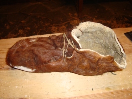  Zimski zunanji čevelj iz kože, v katerega je smučar vtaknil usnjeni čevelj. Kosmata koža je preprečila, da se je sneg nabiral na gladki čevelj in se močil (Skyventyr – smučarski muzej v Morgedalu, pokrajina Telemark, Norveška).