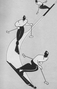  Slovenci smo prevzeli francosko vrtilno tehniko, ki jo je upodobil Robert Kump v knjigi Smučar, 1948.