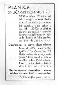 Oglas za Dom Ilirija v Planici, v smučarskem koledarju 1956.