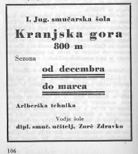 Oglas za I. jugoslovansko stalno smučarsko šolo, smučarski koledar 1936.