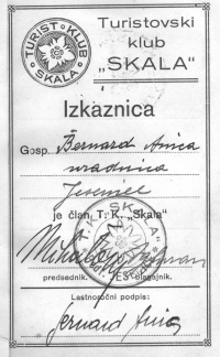 Izkaznica Turistovskega kluba Skala, članice iz Jesenic (pred 2. svetovno vojno).