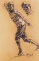  Ernst Platz si je privoščil leta 1907 sliko v svinčniku s smučarjem brez smučk. 